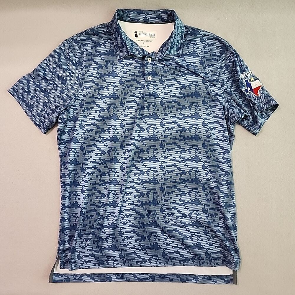 The Gingham Dog Performance Prep Lg Mens Polo Shirt Blue Digital Camo SMGA Texas